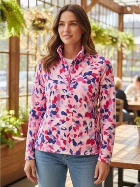T BY TALBOTS Pink Blue Floral Popover Button Pullover Stretch French Terry  S